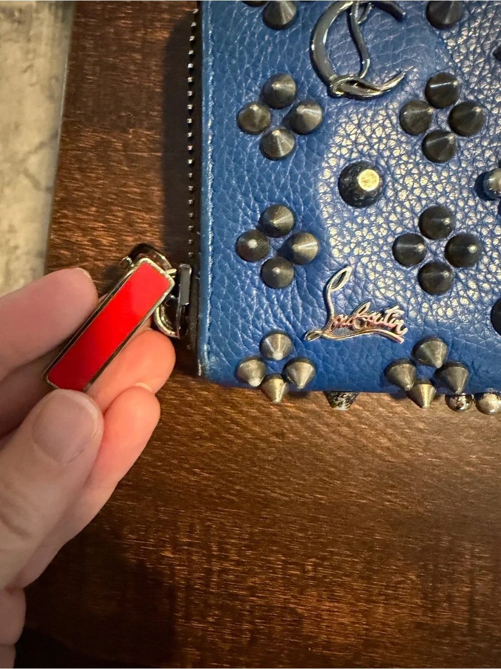 Authentic Christian Louboutin Blue Leather Studded Zip-Around Wallet